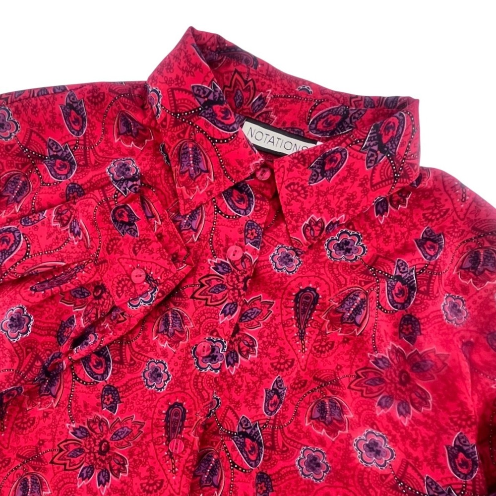 Vintage 90s Notations Button Up Shirt Women 12 Red Paisley Floral Blouse Retro